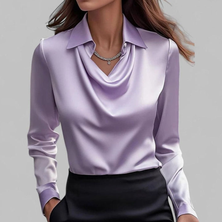 Women's Satin Draped Cowl-Collar Long-Sleeve Blouse
