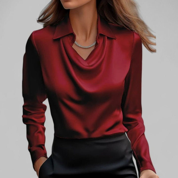 Women's Satin Draped Cowl-Collar Long-Sleeve Blouse