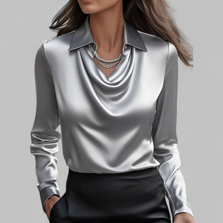 Women's Satin Draped Cowl-Collar Long-Sleeve Blouse