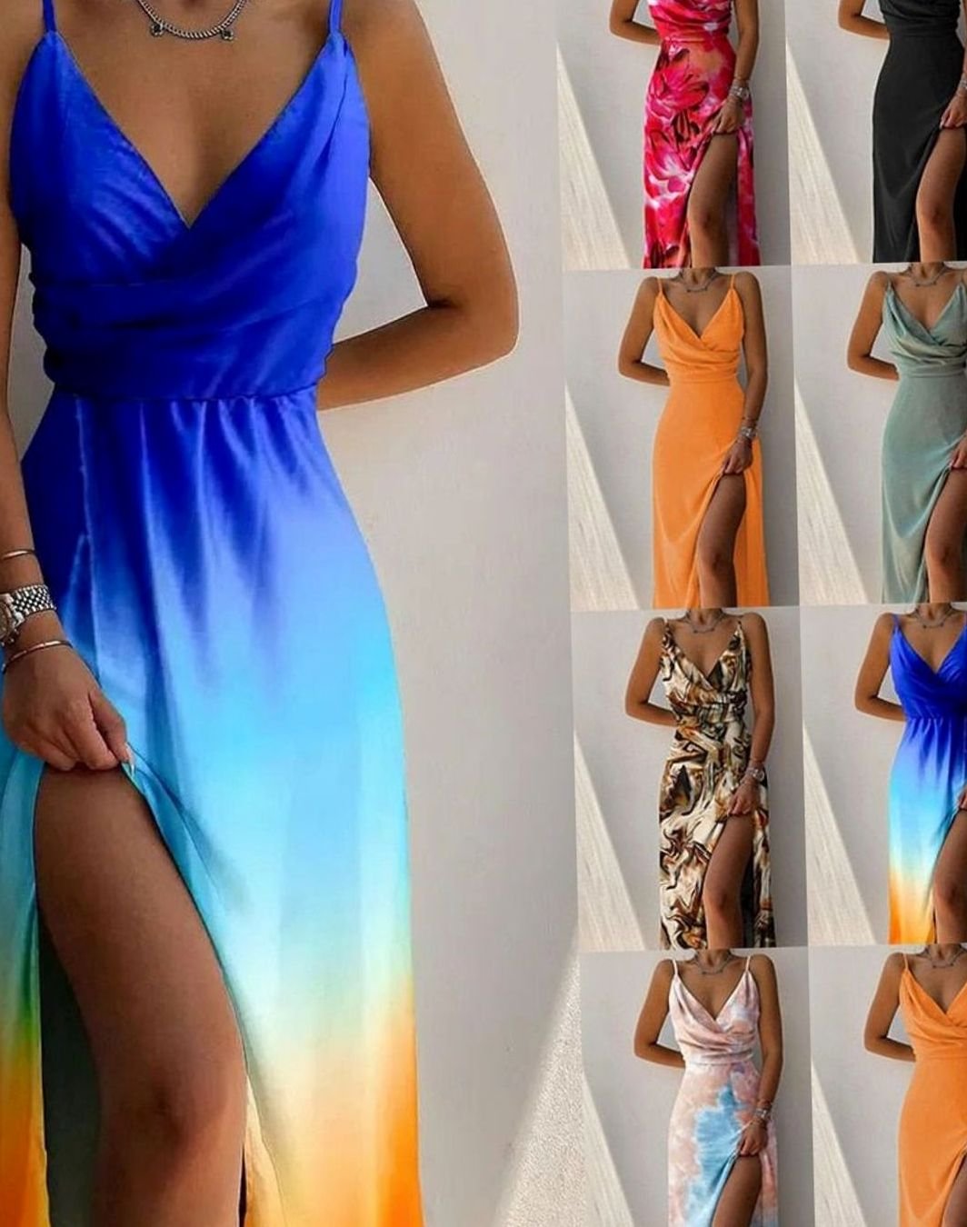 Women's Satin-Feel Wrap Maxi Dress Thigh-High Slit