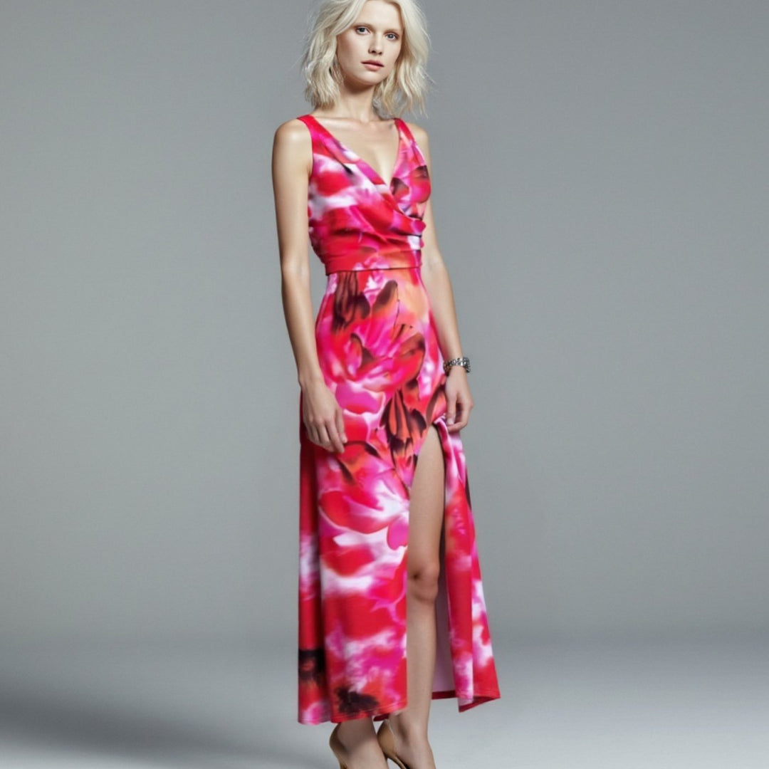 Women's Satin-Feel Wrap Maxi Dress Thigh-High Slit