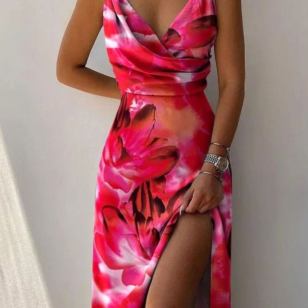 Women's Satin-Feel Wrap Maxi Dress Thigh-High Slit - Red