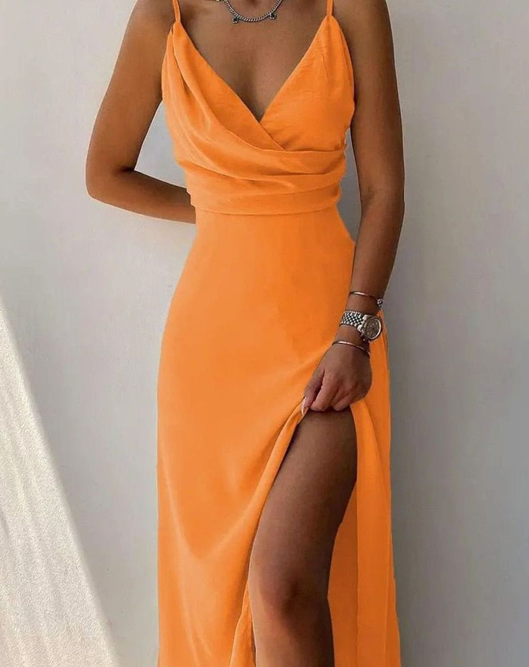 Women's Satin-Feel Wrap Maxi Dress Thigh-High Slit - Orange