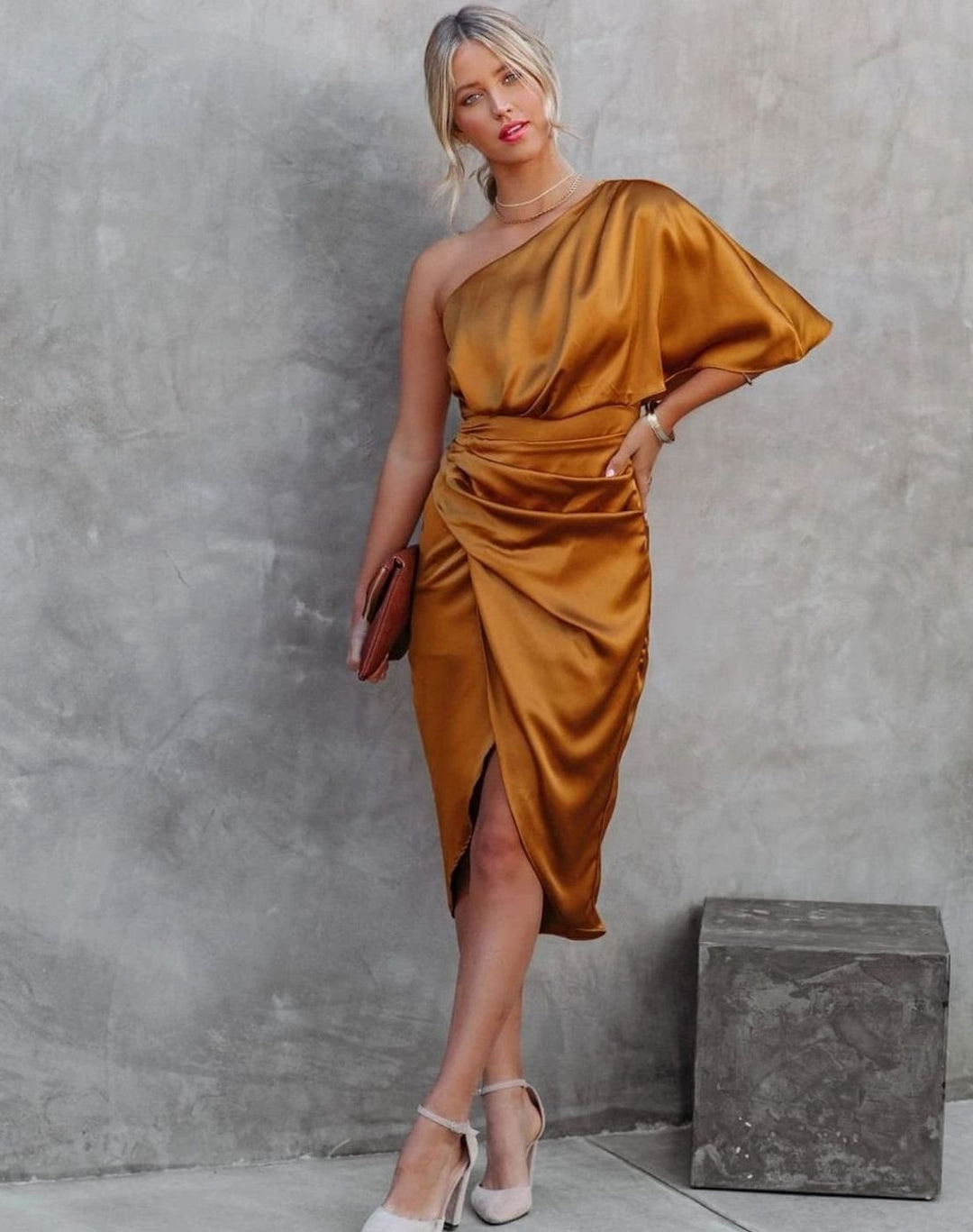 Women's Satin One-Shoulder Ruched Midi Dress - Orange