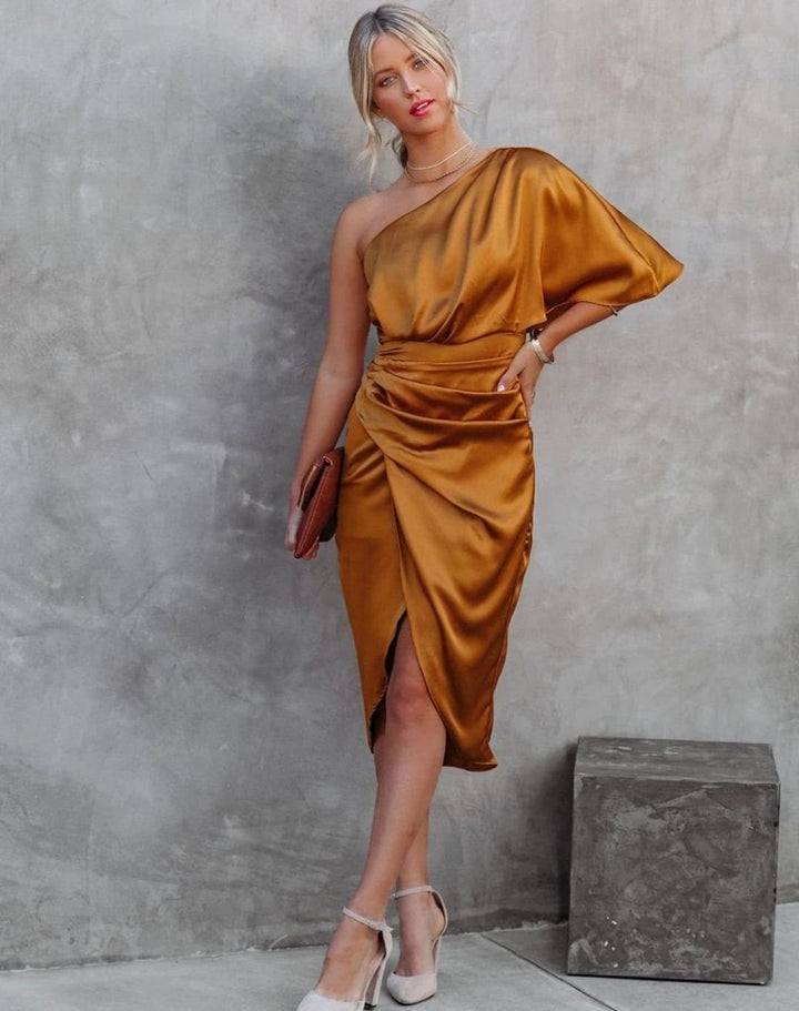 Women's Satin One-Shoulder Ruched Midi Dress - Orange