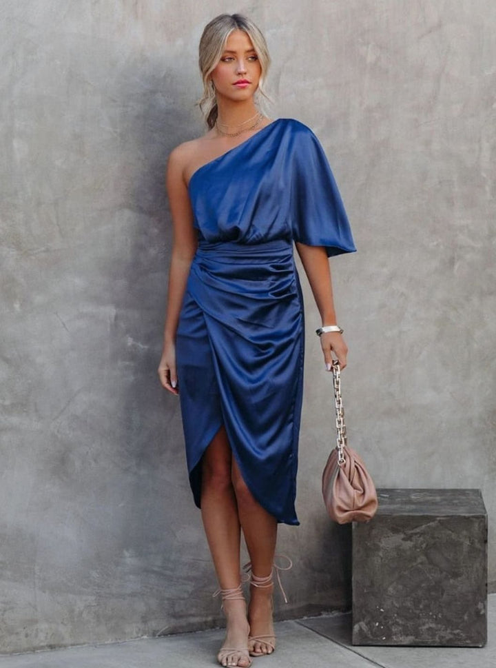 Women's Satin One-Shoulder Ruched Midi Dress - Blue