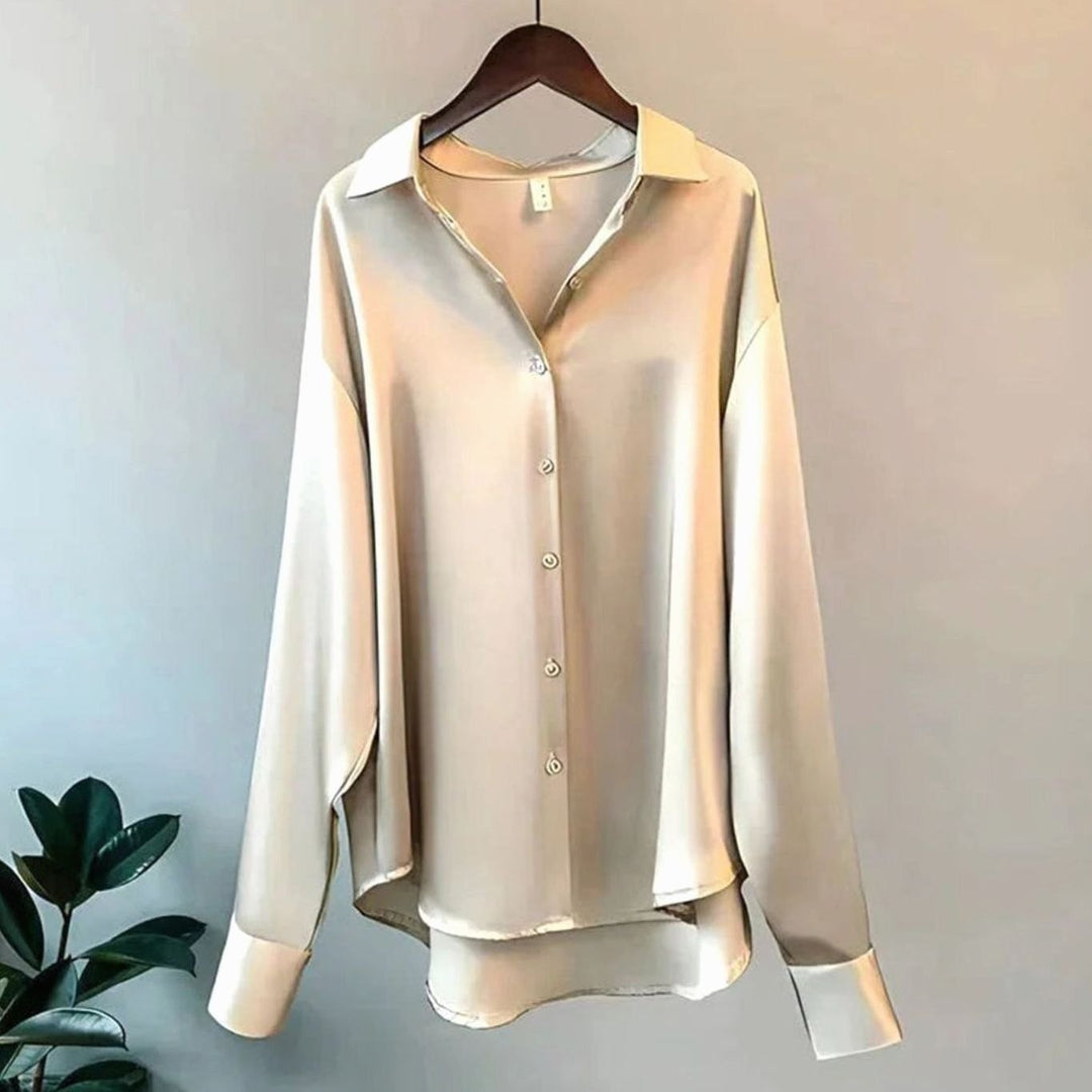 Women's Satin Relaxed-Fit Buttoned Long Sleeve Top