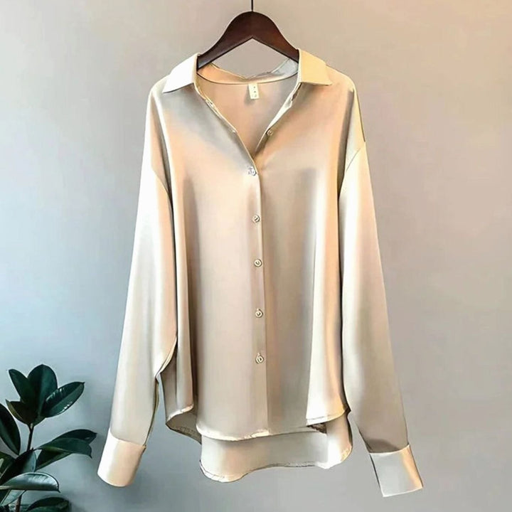 Women's Satin Relaxed-Fit Buttoned Long Sleeve Top
