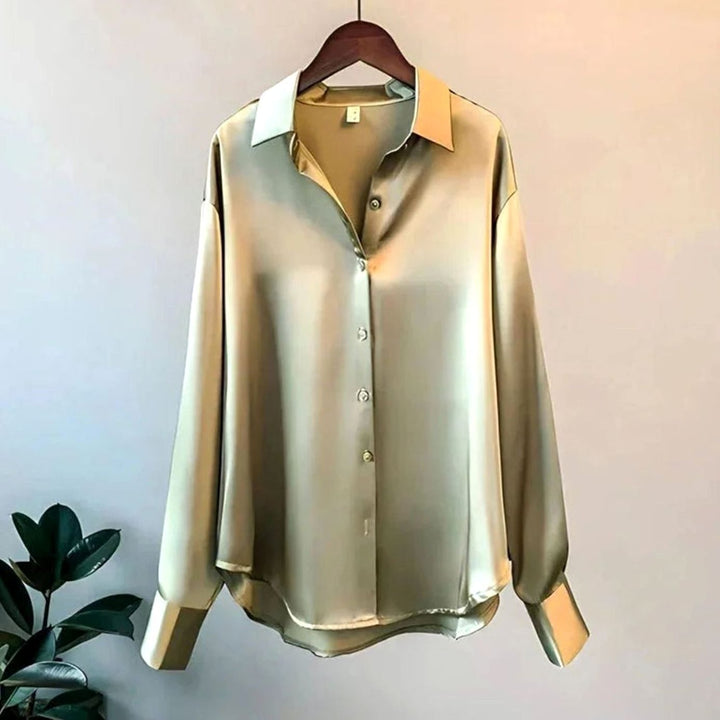Women's Satin Relaxed-Fit Buttoned Long Sleeve Top