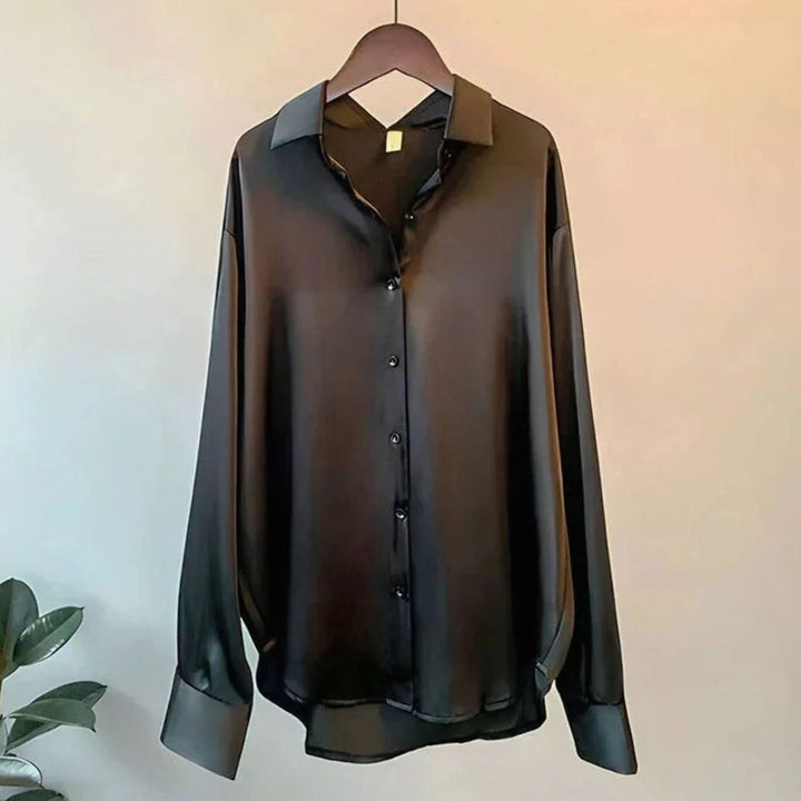 Women's Satin Relaxed-Fit Buttoned Long Sleeve Top