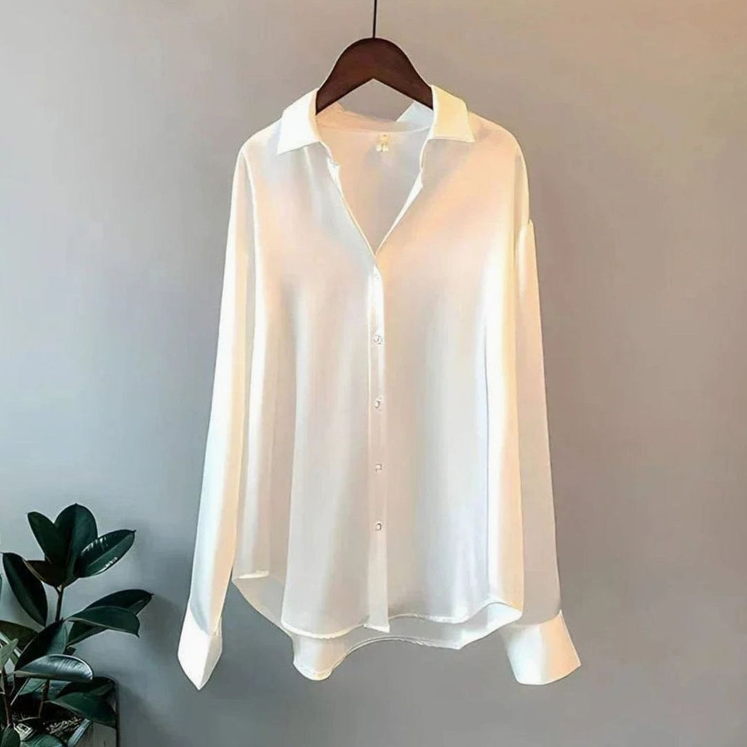 Women's Satin Relaxed-Fit Buttoned Long Sleeve Top