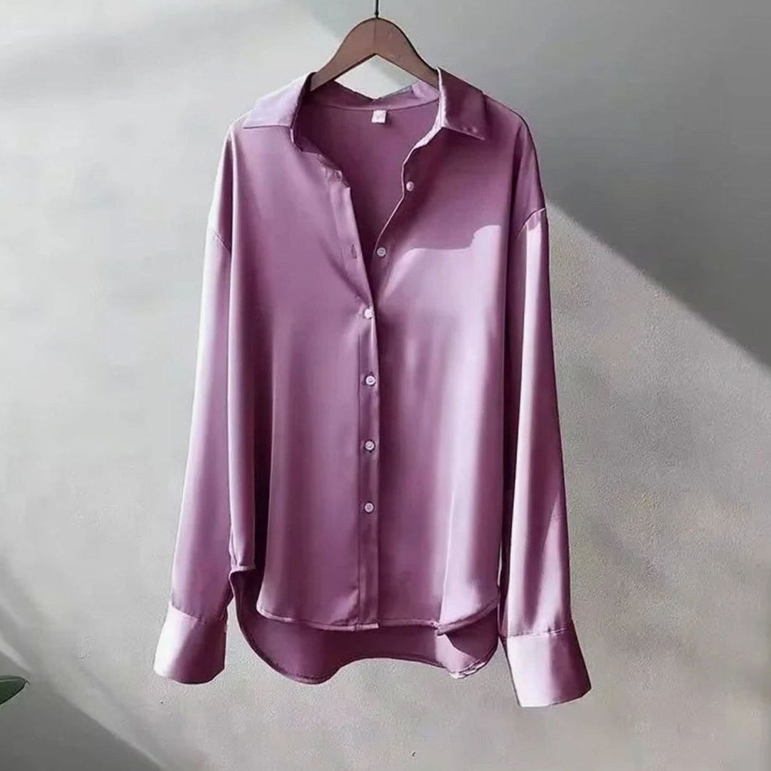 Women's Satin Relaxed-Fit Buttoned Long Sleeve Top