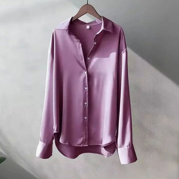 Women's Satin Relaxed-Fit Buttoned Long Sleeve Top