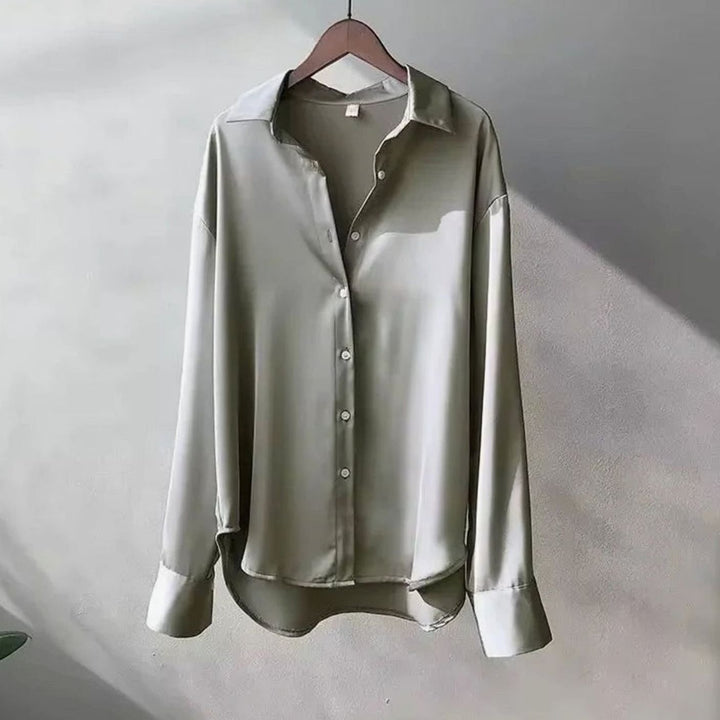 Women's Satin Relaxed-Fit Buttoned Long Sleeve Top