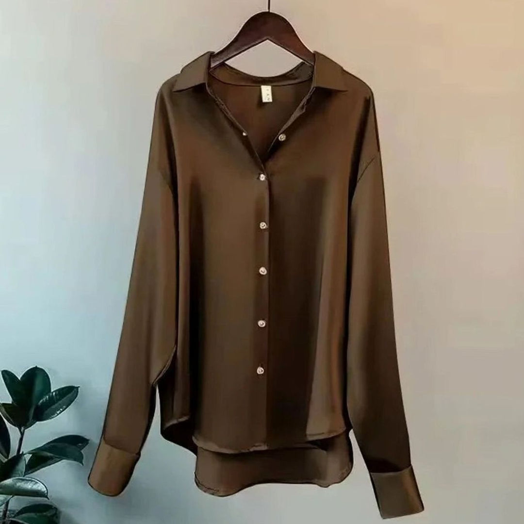 Women's Satin Relaxed-Fit Buttoned Long Sleeve Top