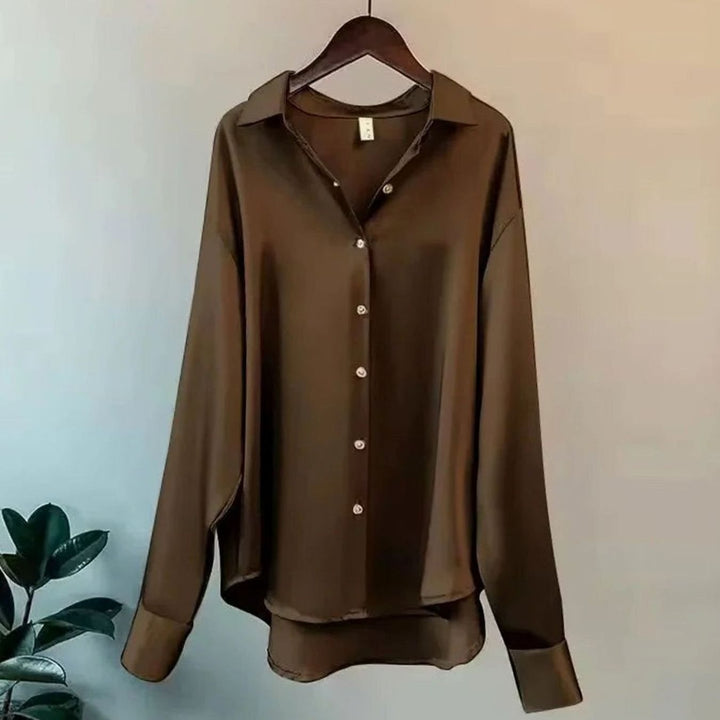 Women's Satin Relaxed-Fit Buttoned Long Sleeve Top