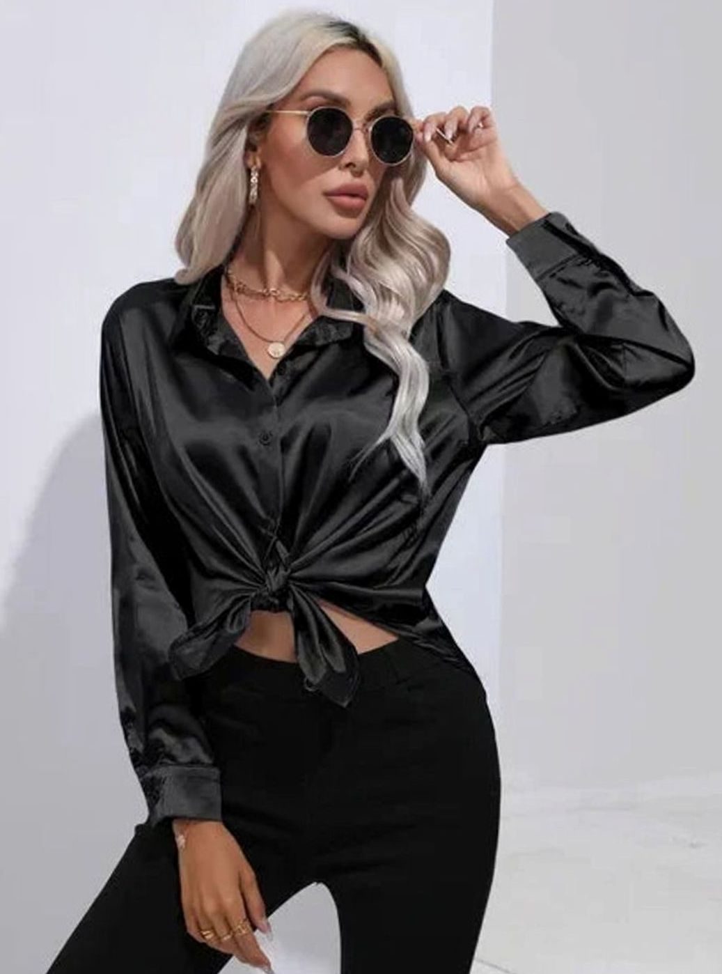 Women's Satin Tie-Front Long-Sleeve Collared Blouse