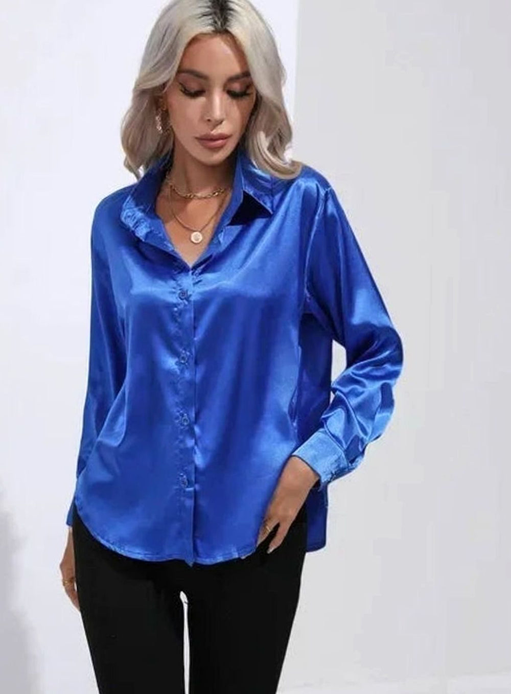 Women's Satin Tie-Front Long-Sleeve Collared Blouse
