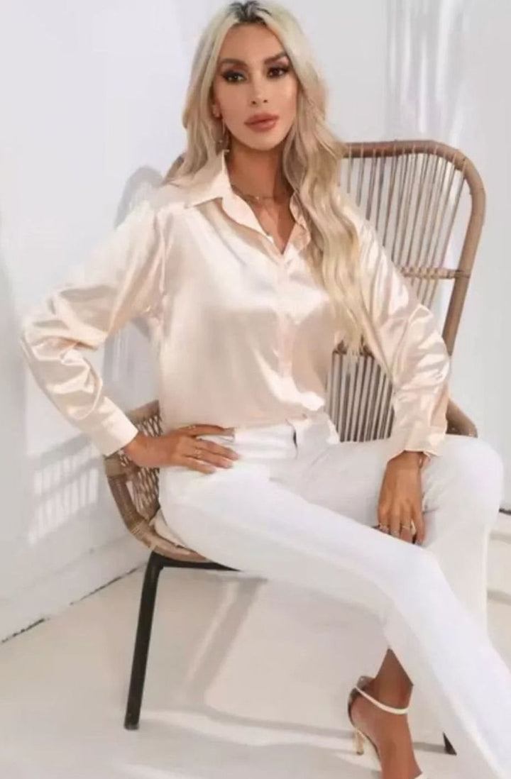 Women's Satin Tie-Front Long-Sleeve Collared Blouse