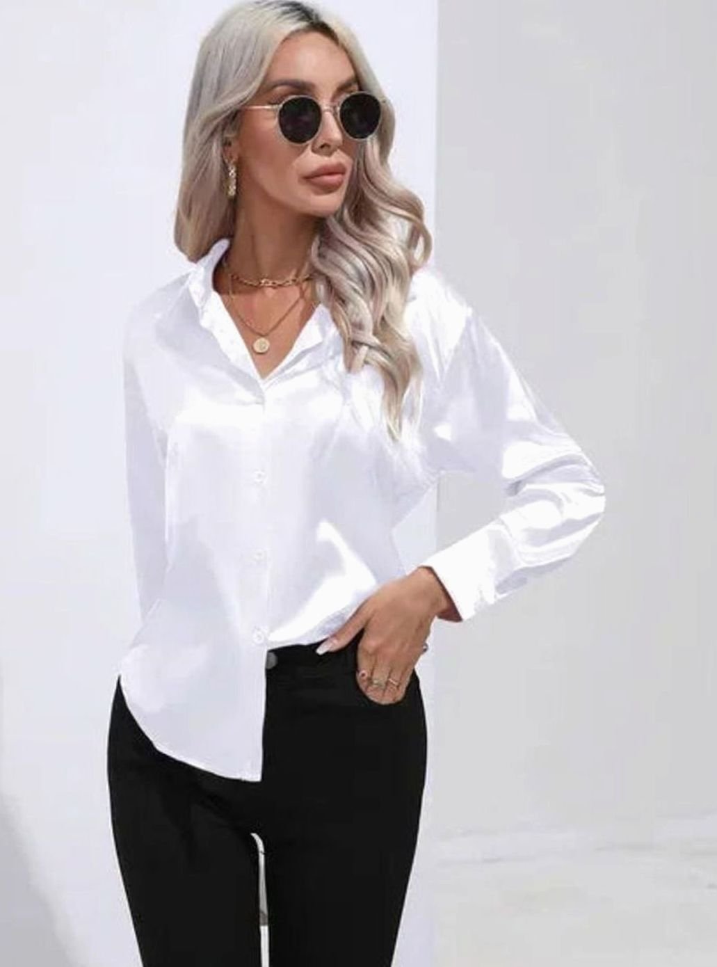 Women's Satin Tie-Front Long-Sleeve Collared Blouse