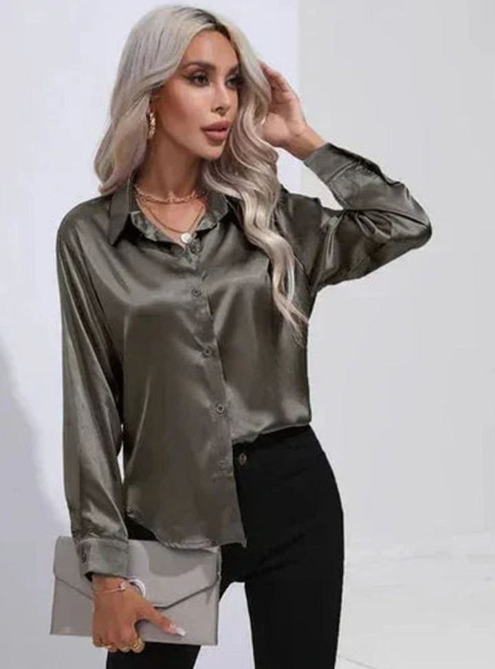 Women's Satin Tie-Front Long-Sleeve Collared Blouse