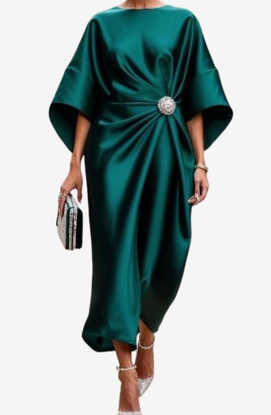 Women's Satin Wide-Sleeve Brooch-Waist Midi Dress - Green