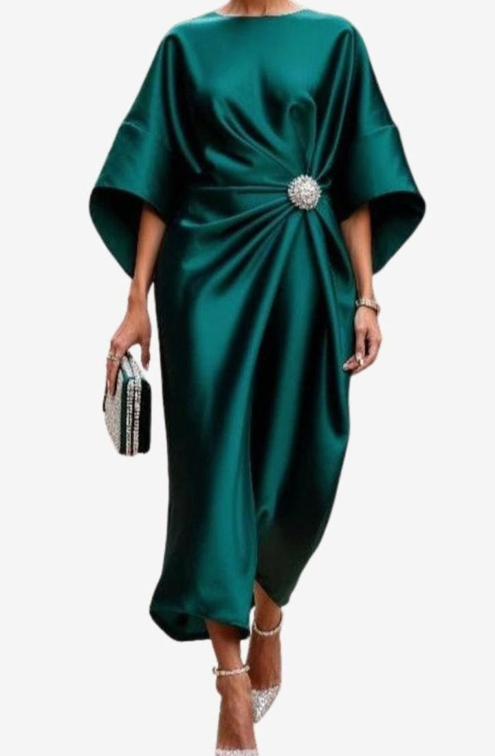 Women's Satin Wide-Sleeve Brooch-Waist Midi Dress - Green