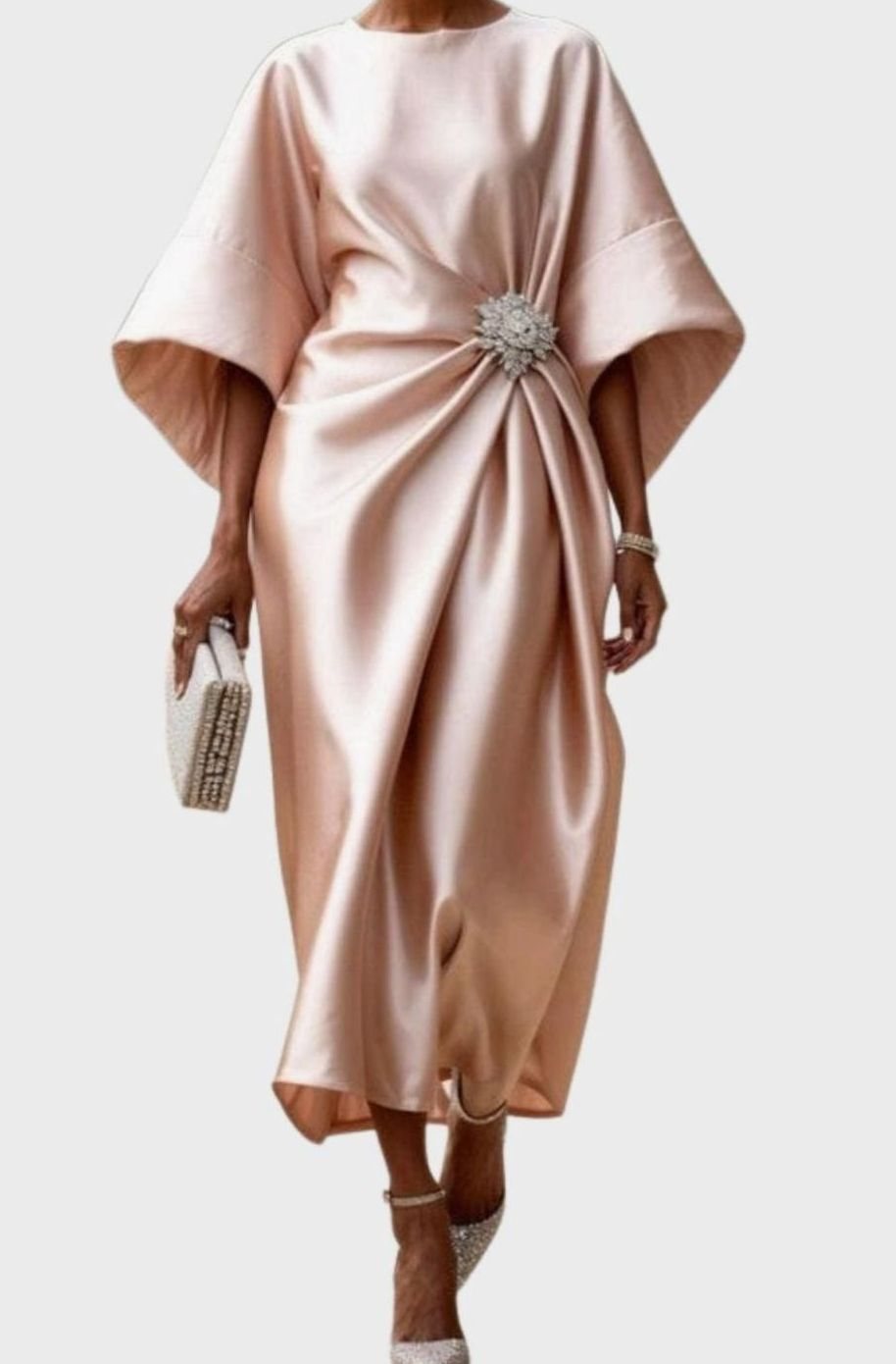 Women's Satin Wide-Sleeve Brooch-Waist Midi Dress - Light Pink