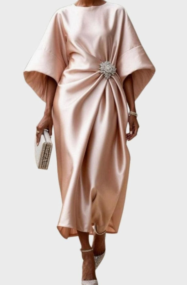 Women's Satin Wide-Sleeve Brooch-Waist Midi Dress - Light Pink