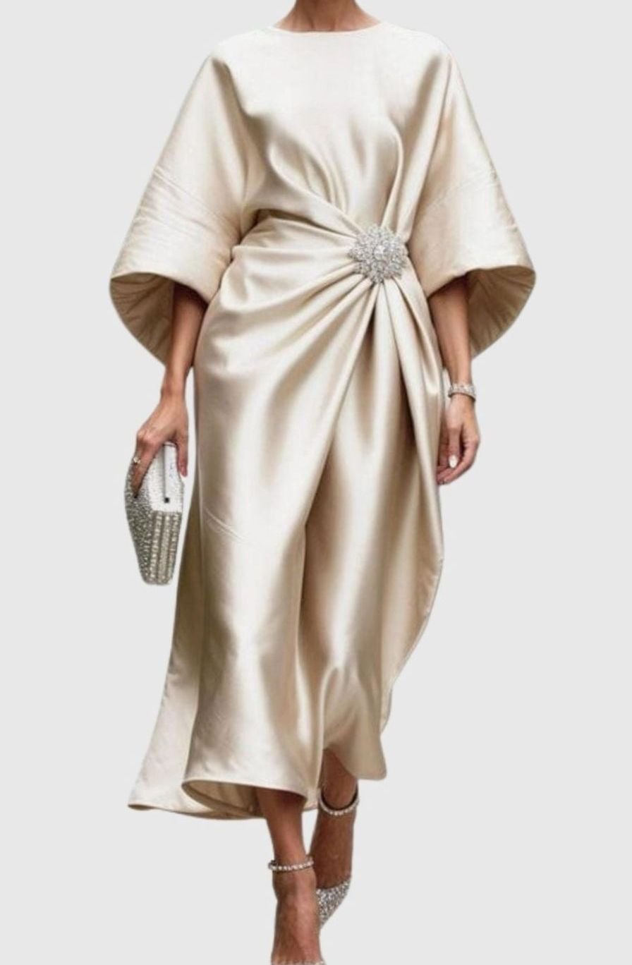 Women's Satin Wide-Sleeve Brooch-Waist Midi Dress - Beige