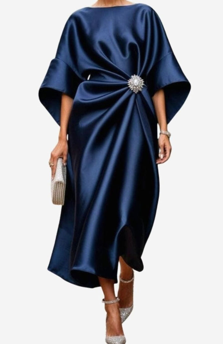 Women's Satin Wide-Sleeve Brooch-Waist Midi Dress - Midnight Blue