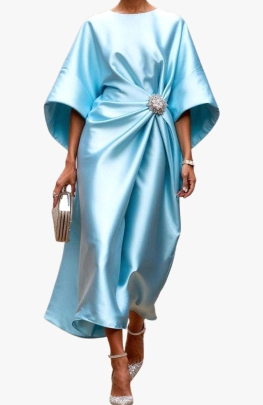 Women's Satin Wide-Sleeve Brooch-Waist Midi Dress - Sky Blue