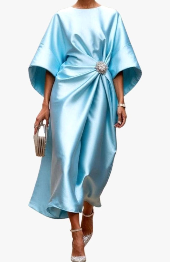 Women's Satin Wide-Sleeve Brooch-Waist Midi Dress - Sky Blue