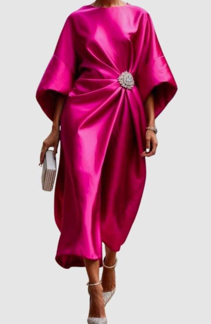 Women's Satin Wide-Sleeve Brooch-Waist Midi Dress - Rose Red