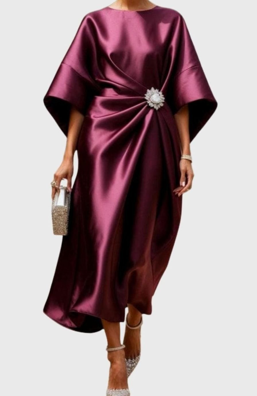 Women's Satin Wide-Sleeve Brooch-Waist Midi Dress - Claret
