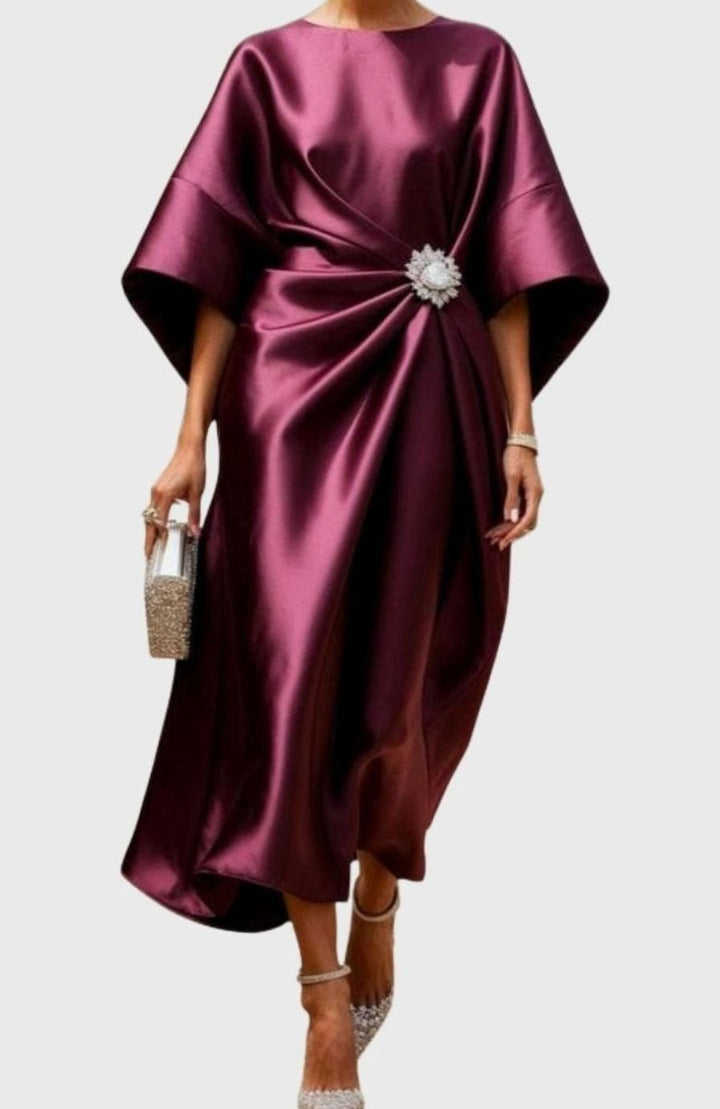 Women's Satin Wide-Sleeve Brooch-Waist Midi Dress - Claret