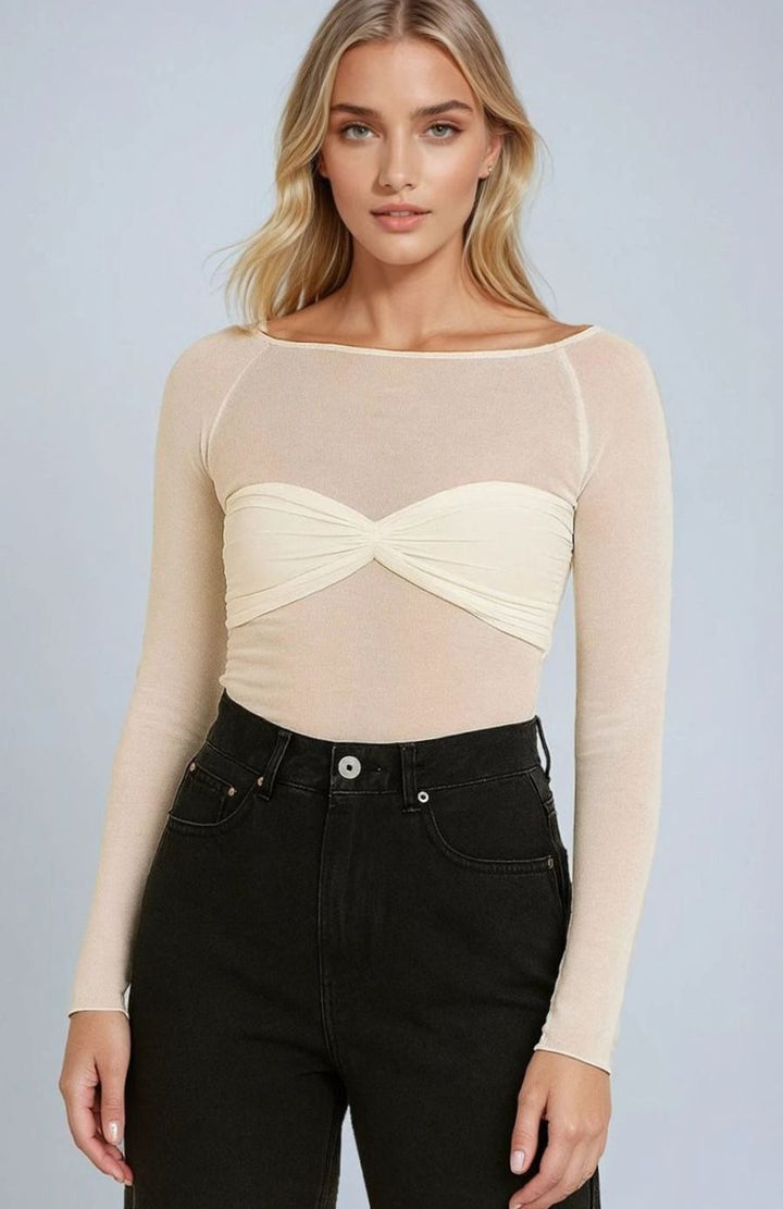 Women's Semi-Sheer Knit Twisted-Bust Boat-Neck Long-Sleeve Top