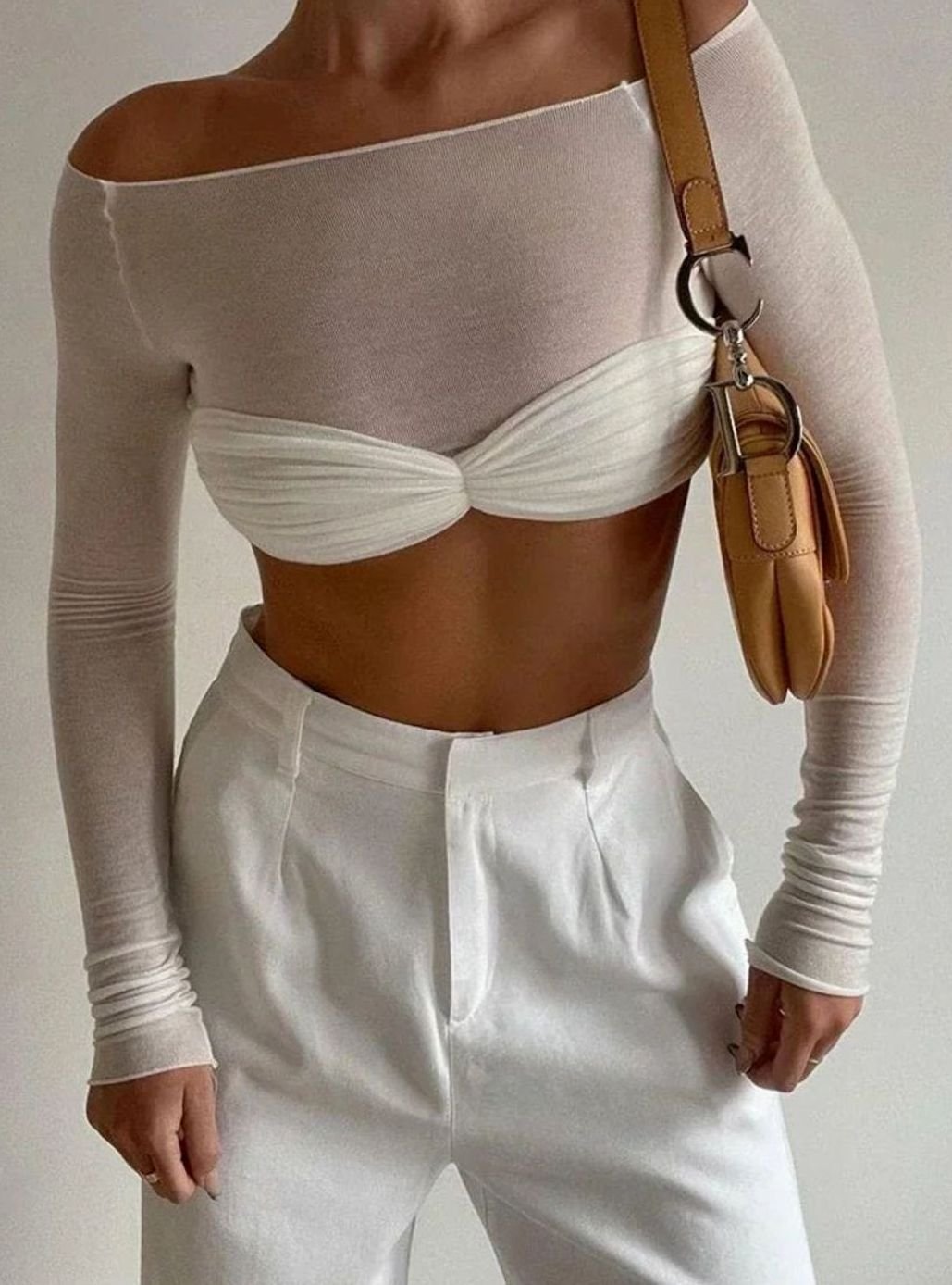 Women's Semi-Sheer Knit Twisted-Bust Boat-Neck Long-Sleeve Top