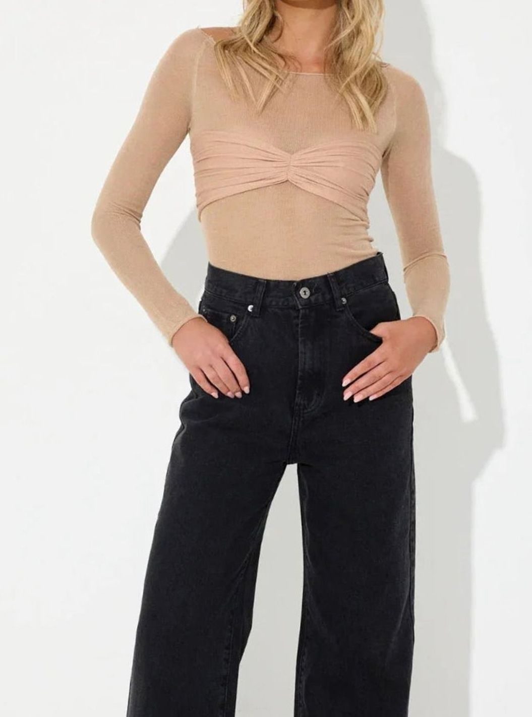 Women's Semi-Sheer Knit Twisted-Bust Boat-Neck Long-Sleeve Top