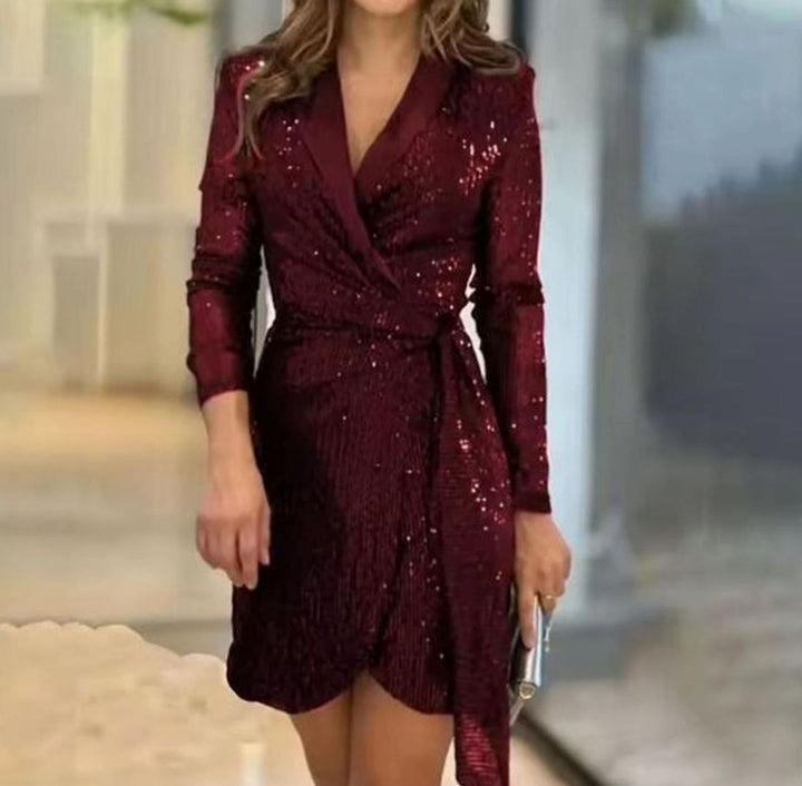 Women's Sequin Blazer Mini Dress Long Sleeve Wrap - Red