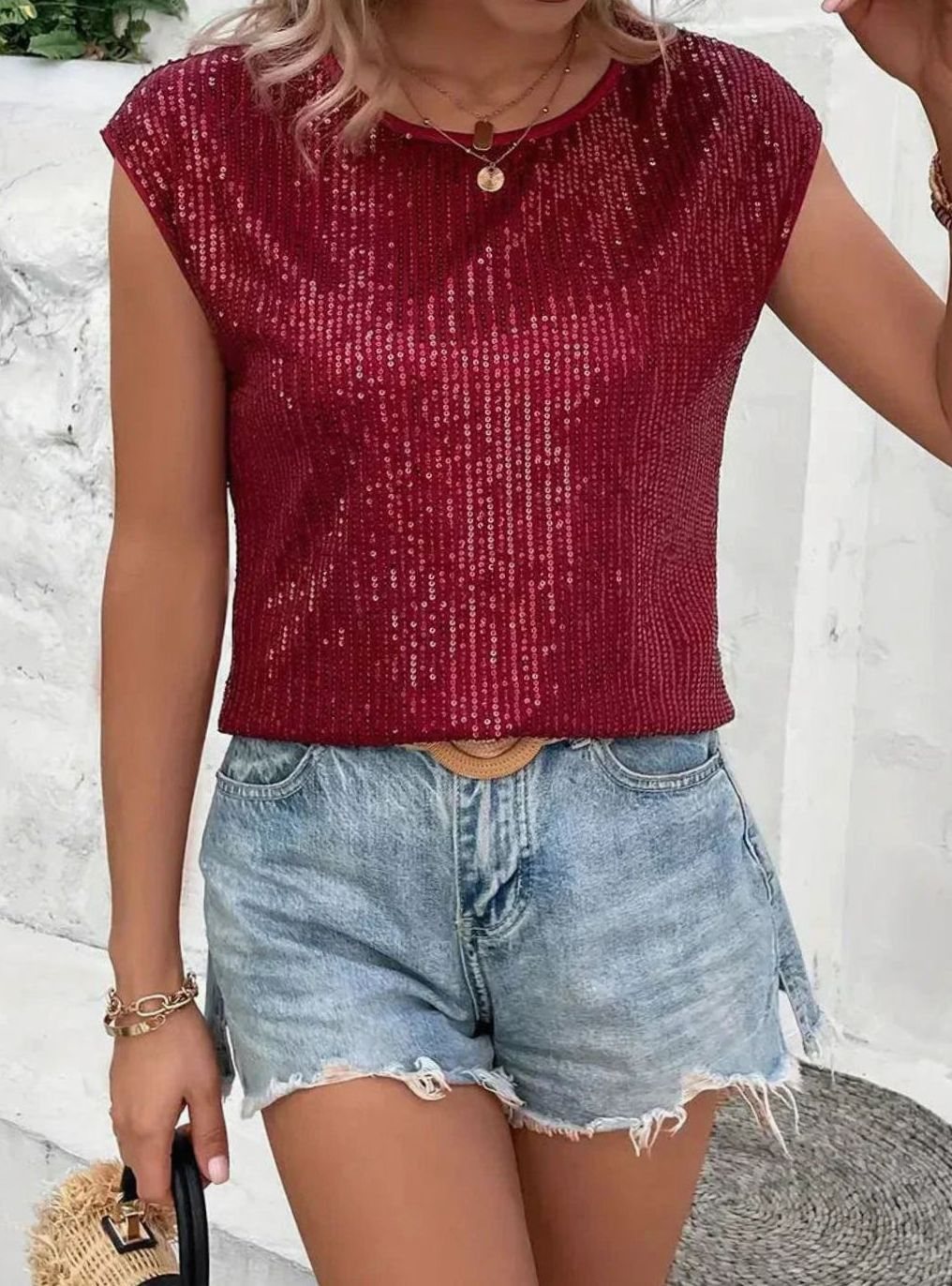 Women's Sequin Cap-Sleeve Knit Glitter Top, Navy Blue - Red