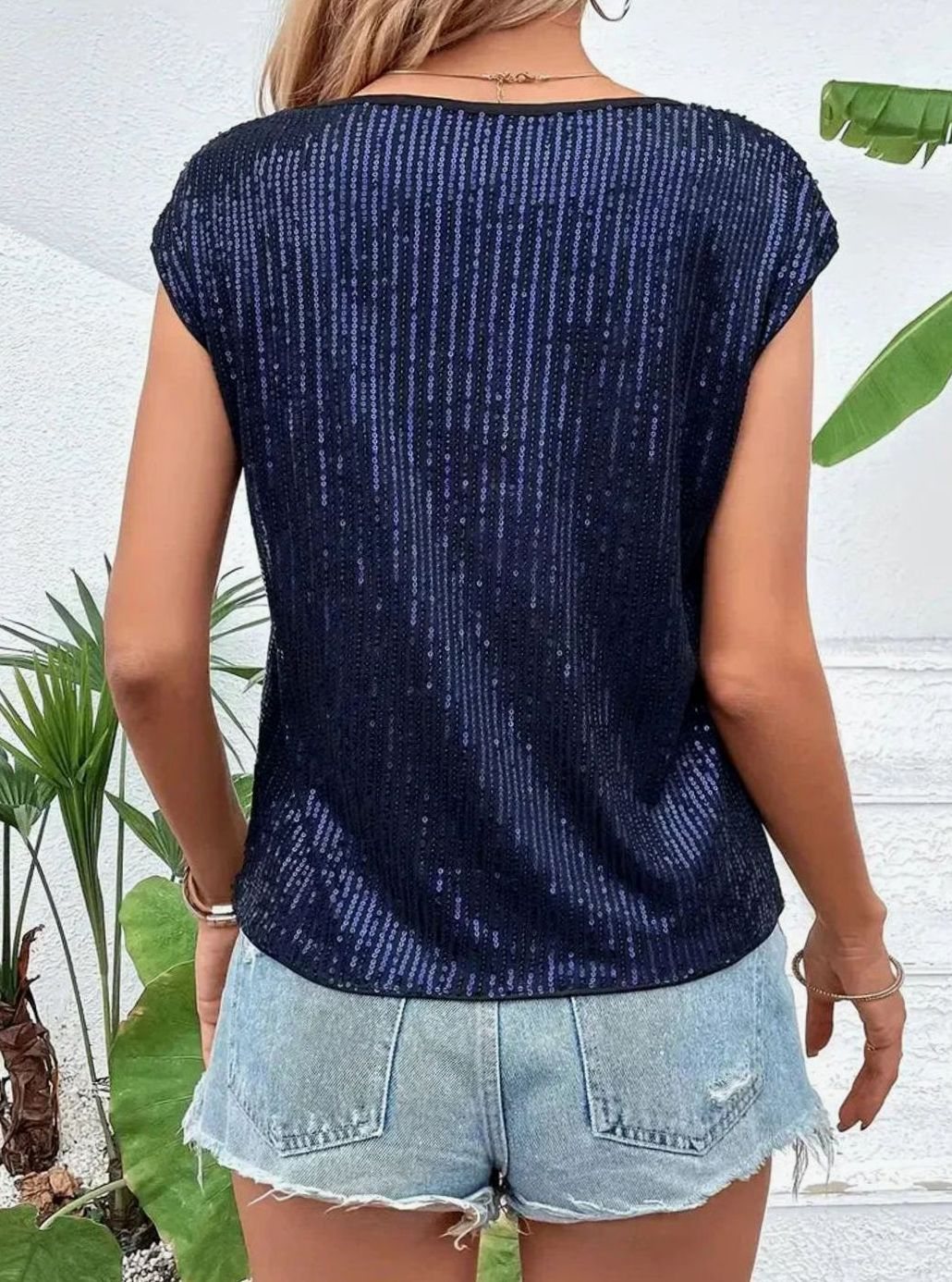 Women's Sequin Cap-Sleeve Knit Glitter Top, Navy Blue