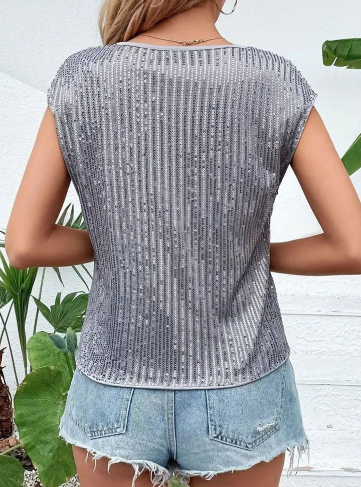 Women's Sequin Cap-Sleeve Knit Glitter Top, Navy Blue