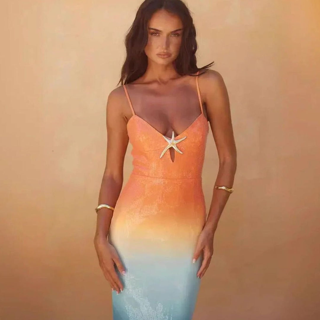 Women's Sequin Ombre Spaghetti Strap Starfish Midi Dress