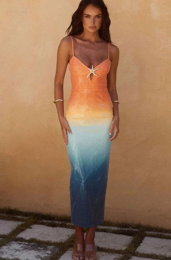 Women's Sequin Ombre Spaghetti Strap Starfish Midi Dress