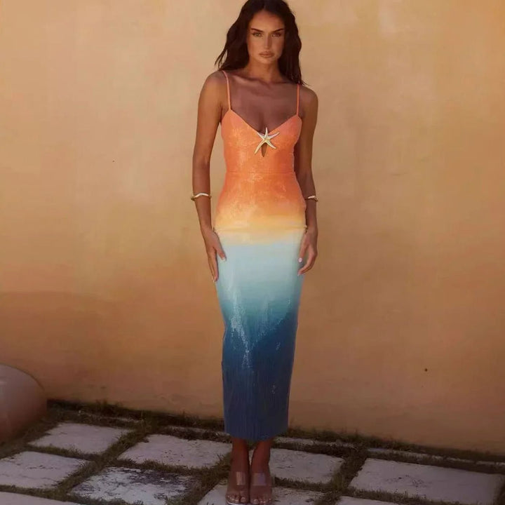 Women's Sequin Ombre Spaghetti Strap Starfish Midi Dress, Orange Blue Ombre