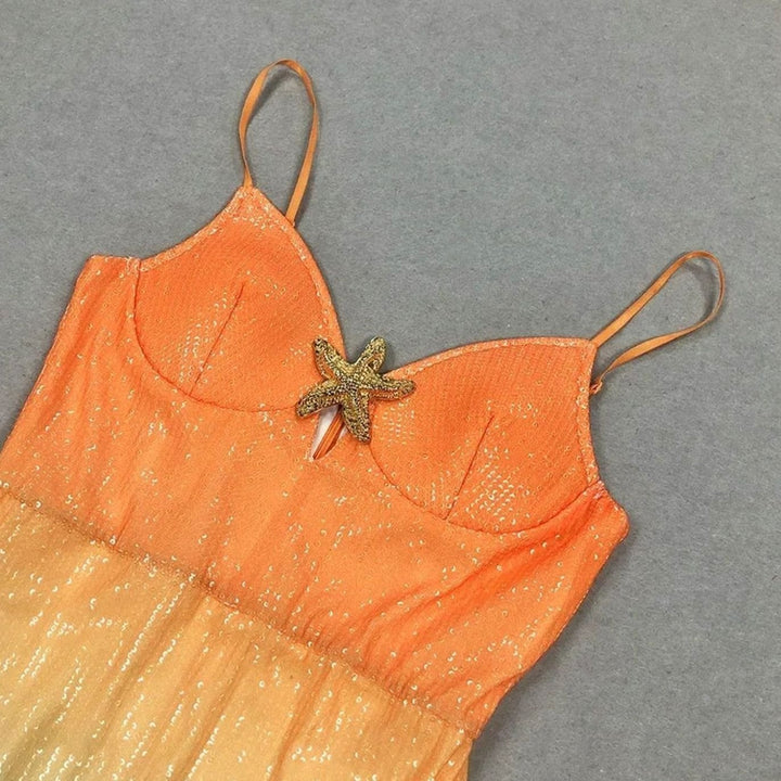 Women's Sequin Ombre Spaghetti Strap Starfish Midi Dress, Orange Blue Ombre