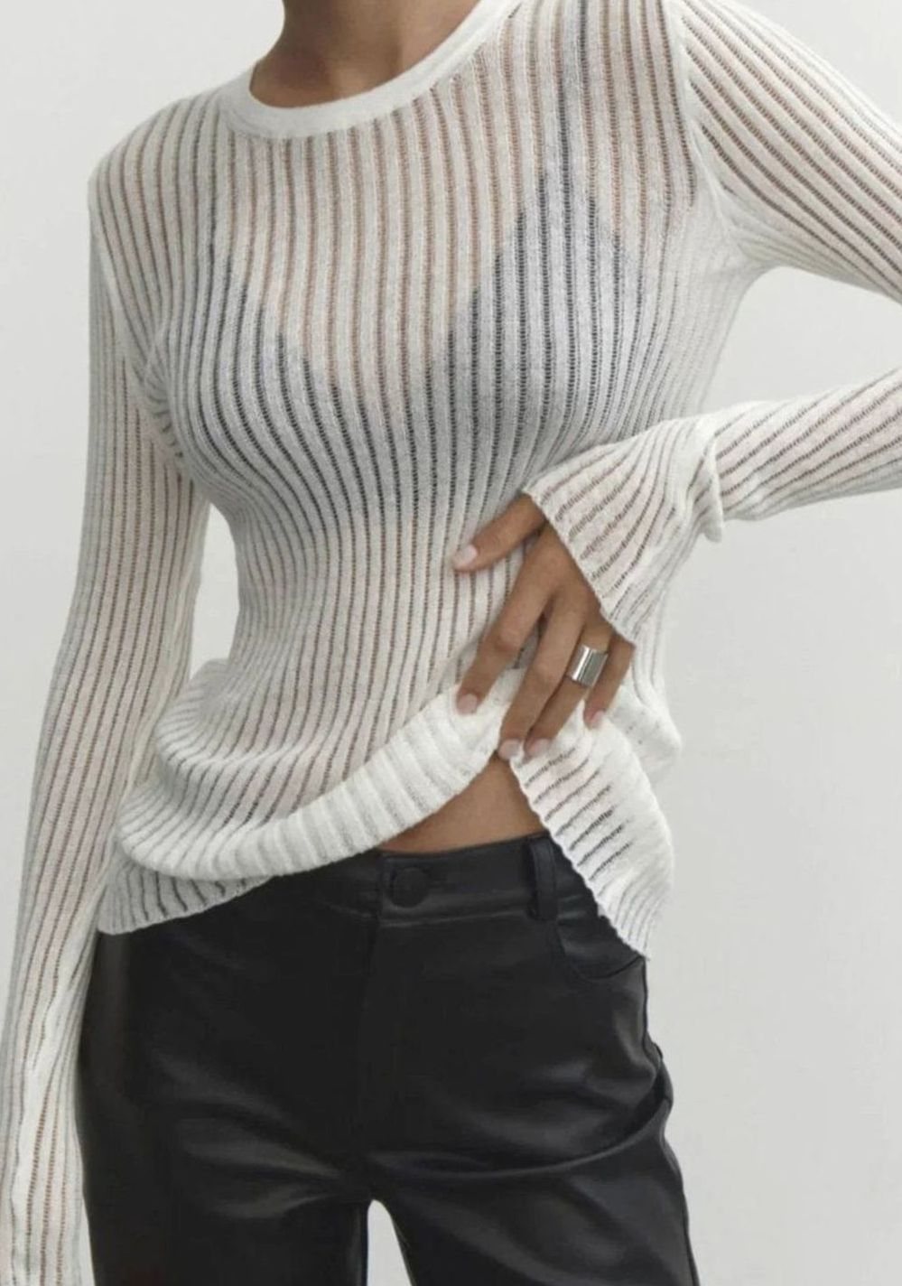 Women's Sheer Ribbed Long-Sleeve Knit Top Crew Neck