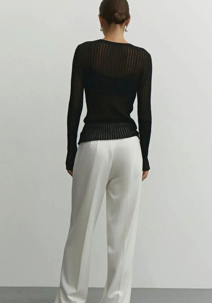 Women's Sheer Ribbed Long-Sleeve Knit Top Crew Neck