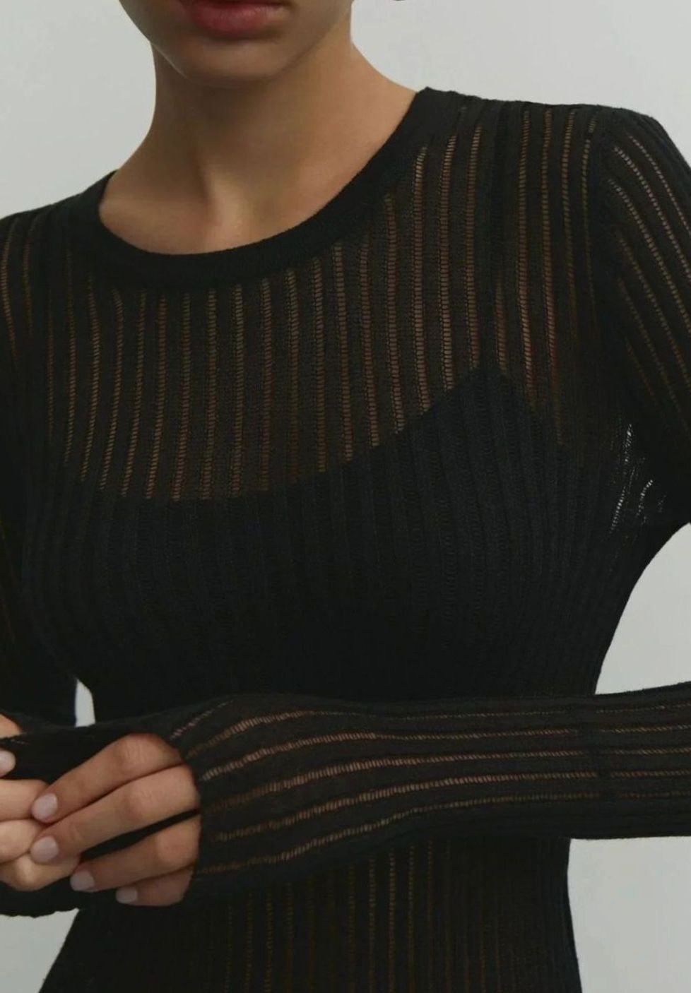 Women's Sheer Ribbed Long-Sleeve Knit Top Crew Neck